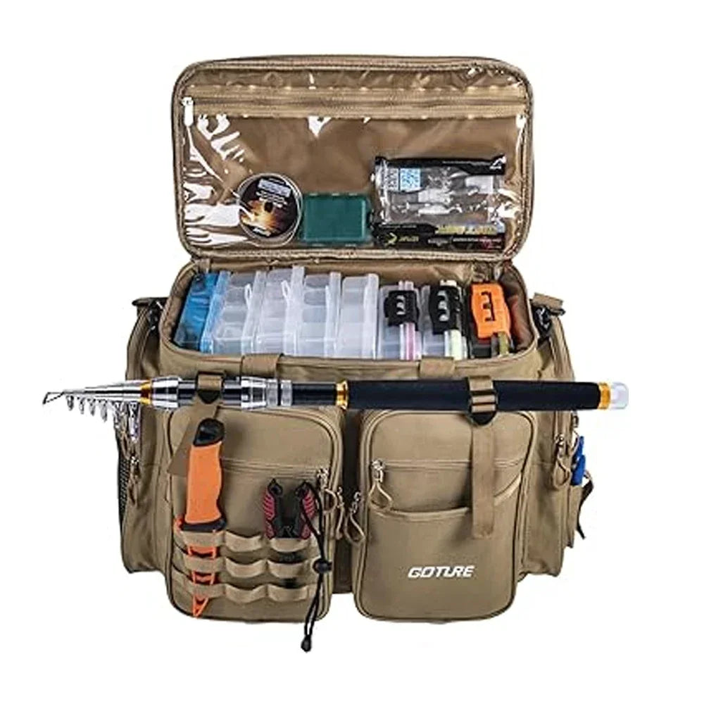 Goture Large Capacity Fishing Tackle Bag Waterproof EVA Hard Bottom Fishing Accessories Gear Storage Pack Outdoor Camping Bag