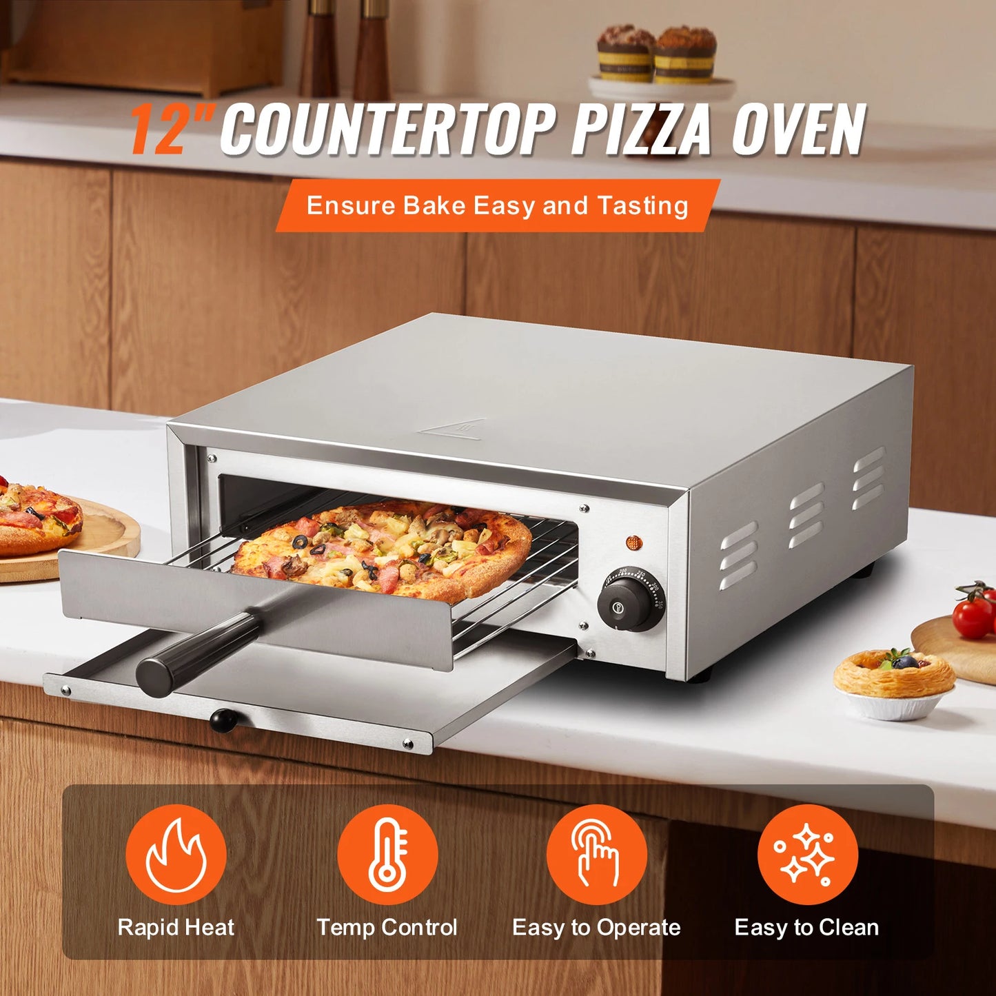 SucceBuy Countertop Electric Pizza Oven Stainless Steel Construction Crumb Tray for Both Commercial and Home Use