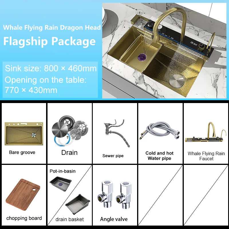 Stainless Steel Waterfall Kitchen Sink New Embossed Extra Large Single Slot Modern Digital Display Multifunctional Kitchen Sinks