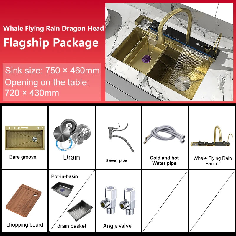 Stainless Steel Waterfall Kitchen Sink New Embossed Extra Large Single Slot Modern Digital Display Multifunctional Kitchen Sinks