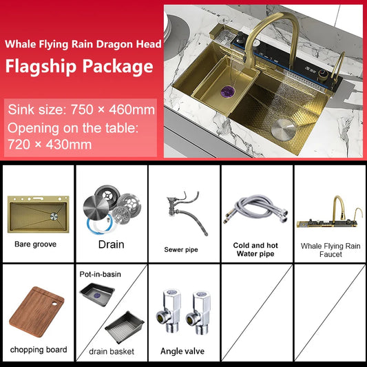 Stainless Steel Waterfall Kitchen Sink New Embossed Extra Large Single Slot Modern Digital Display Multifunctional Kitchen Sinks