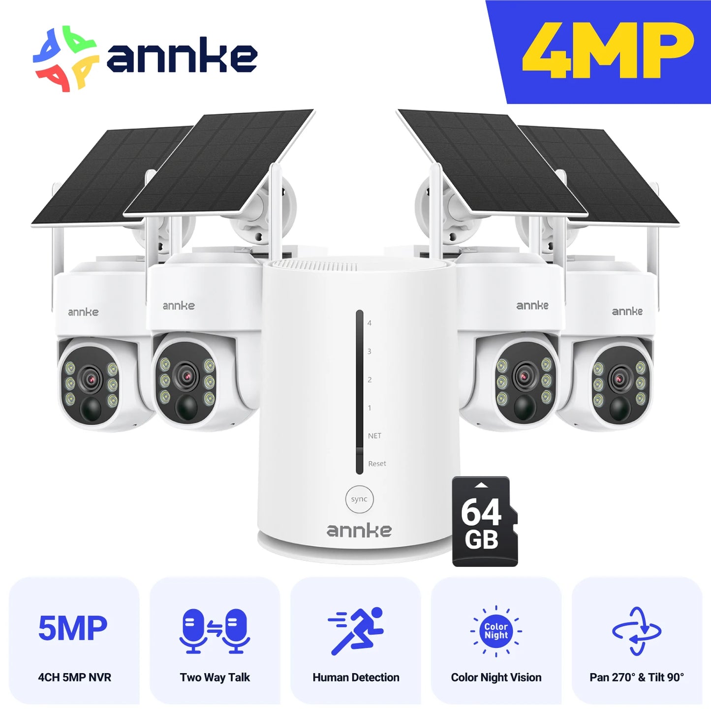 ANNKE 4MP Scalable Wireless Security Camera System 4CH 5MP Wireless NVR IP65 4MP PIR Two-way Audio Solar PT Camera
