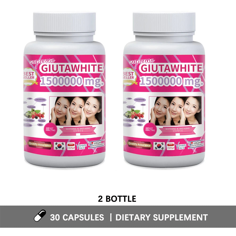 GLUTA WHITE 1500000MG Glutathione Skin Whitening Supplement Anti Aging, UV Protection, Even Skin Tone & Scar 30 Softgel Capsules