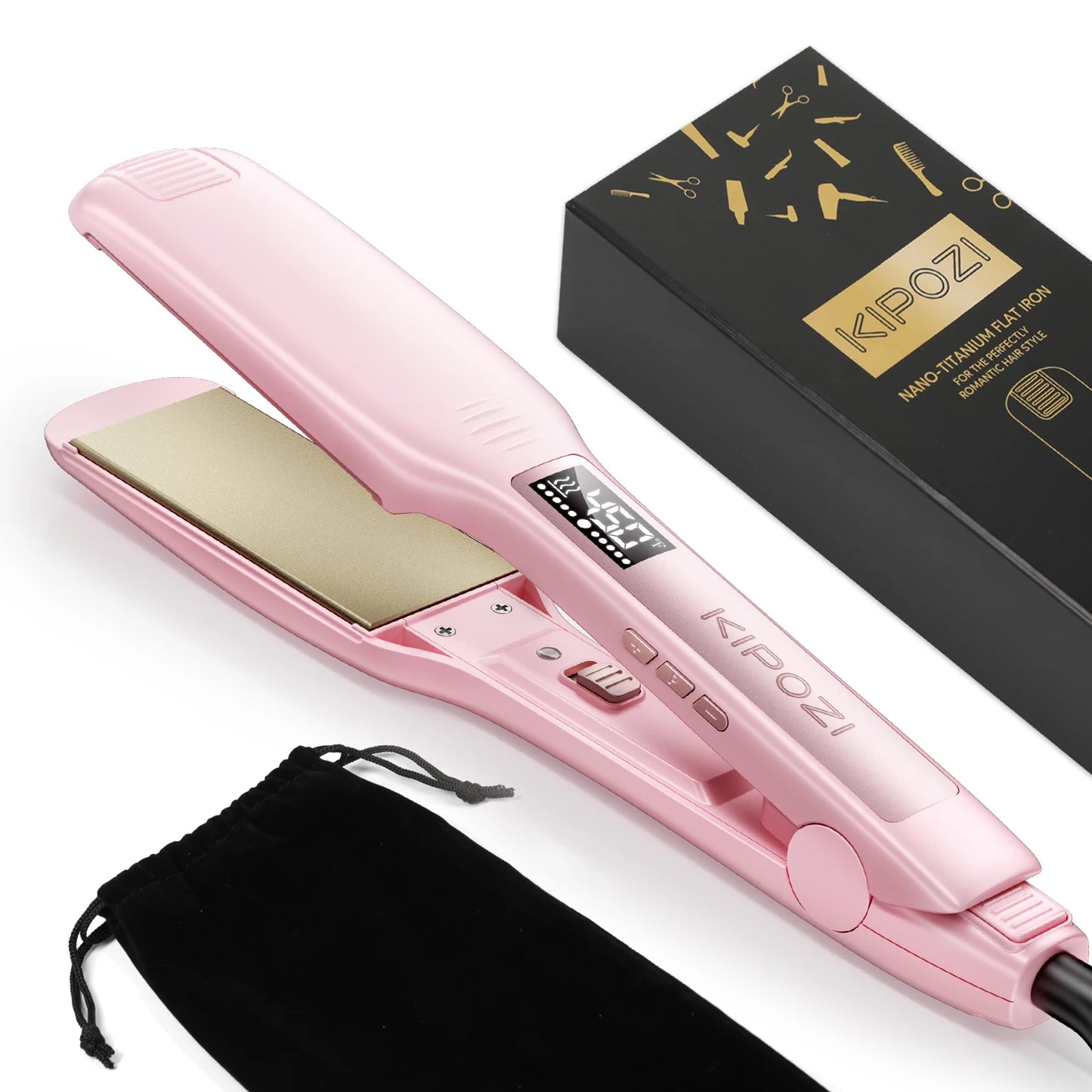 2025 KIPOZI Professional Titanium Flat Iron Hair Straightener with Digital LCD Display Dual Voltage Instant Heating Curling Iron