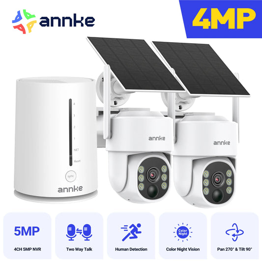 ANNKE 4MP Scalable Wireless Security Camera System 4CH 5MP Wireless NVR IP65 4MP PIR Two-way Audio Solar PT Camera