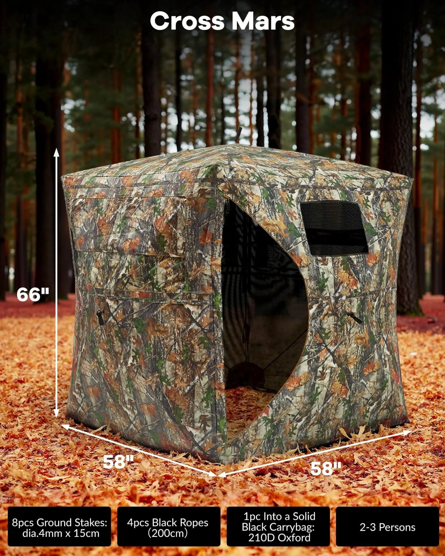 Portable Hunting Blind For 2-4 Person, 270° Visibility Ground Tent With Silent Magnetic Door & Carrying Bag, 58"x58"x66"