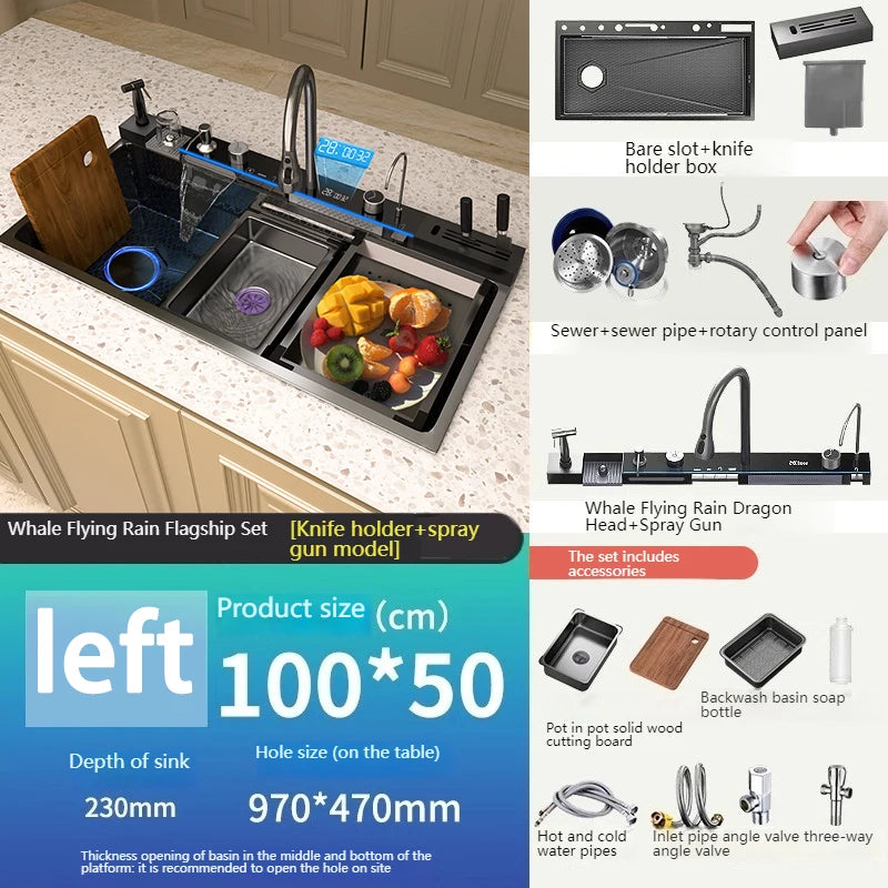 Stainless Steel Waterfall Kitchen Sink New Embossed Extra Large Single Slot Modern Digital Display Multifunctional Kitchen Sinks