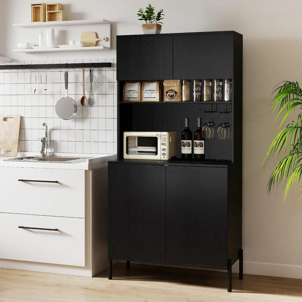 Kitchen Pantry Cabinet with Charging Station, Tall Buffet Hutch, Storage Cabinets, Adjustable Shelves, Wine Racks for Home Organ