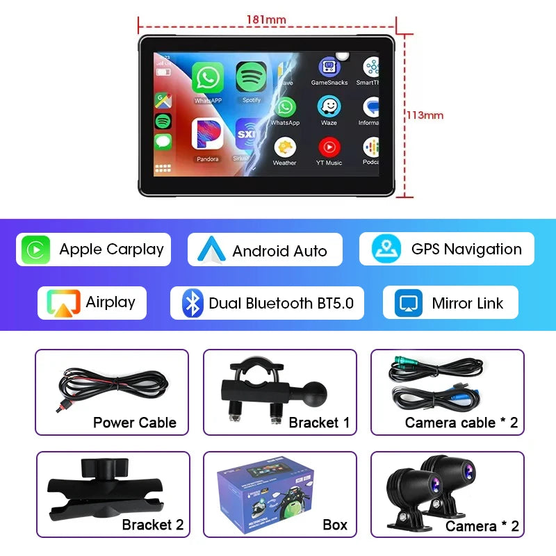 Jansite 5/7 inch Carplay Motorcycle DVR Navigation GPS Wireless CarPlay Android Auto IPX7 Display Screen Portable Moto Monitor