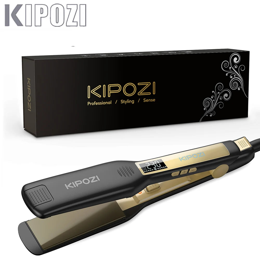 2025 KIPOZI Professional Titanium Flat Iron Hair Straightener with Digital LCD Display Dual Voltage Instant Heating Curling Iron