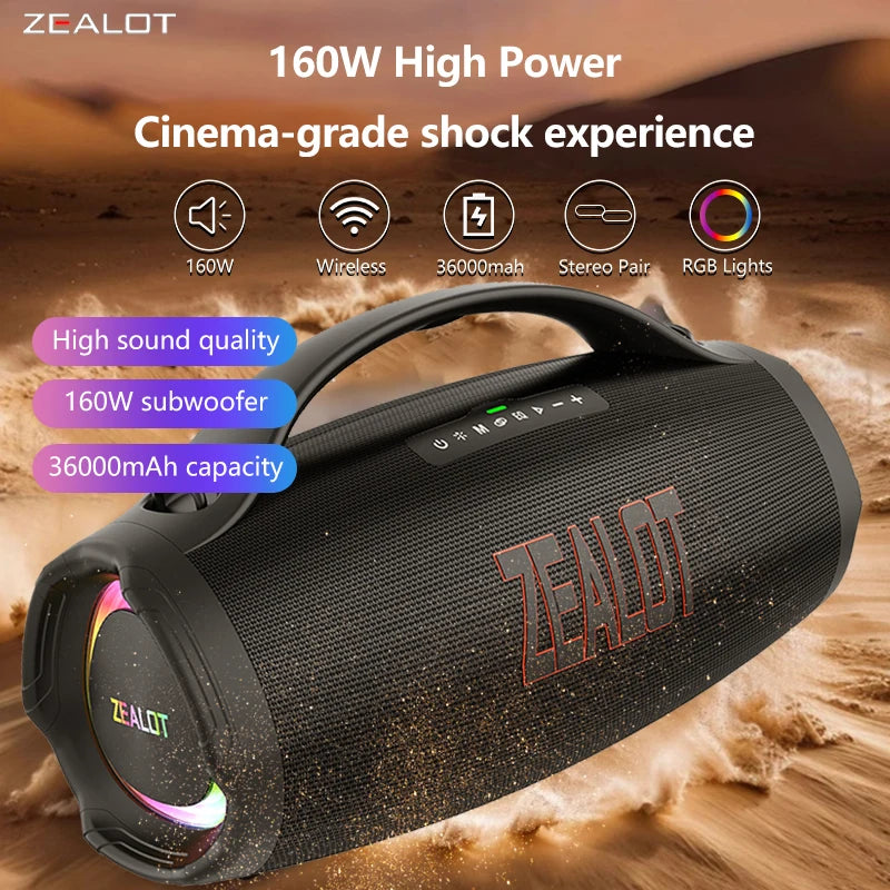 ZEALOT S98 160W Wireless Speakers, DSP Technology, RGB Light Wireless Hifi Sound quality, 36000mAh Battery, 60 Hours Playtime.
